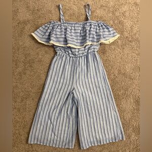Dee Elly Romper Women size Small Blue Stripe Fringe Off Shoulder Wide Leg NWT